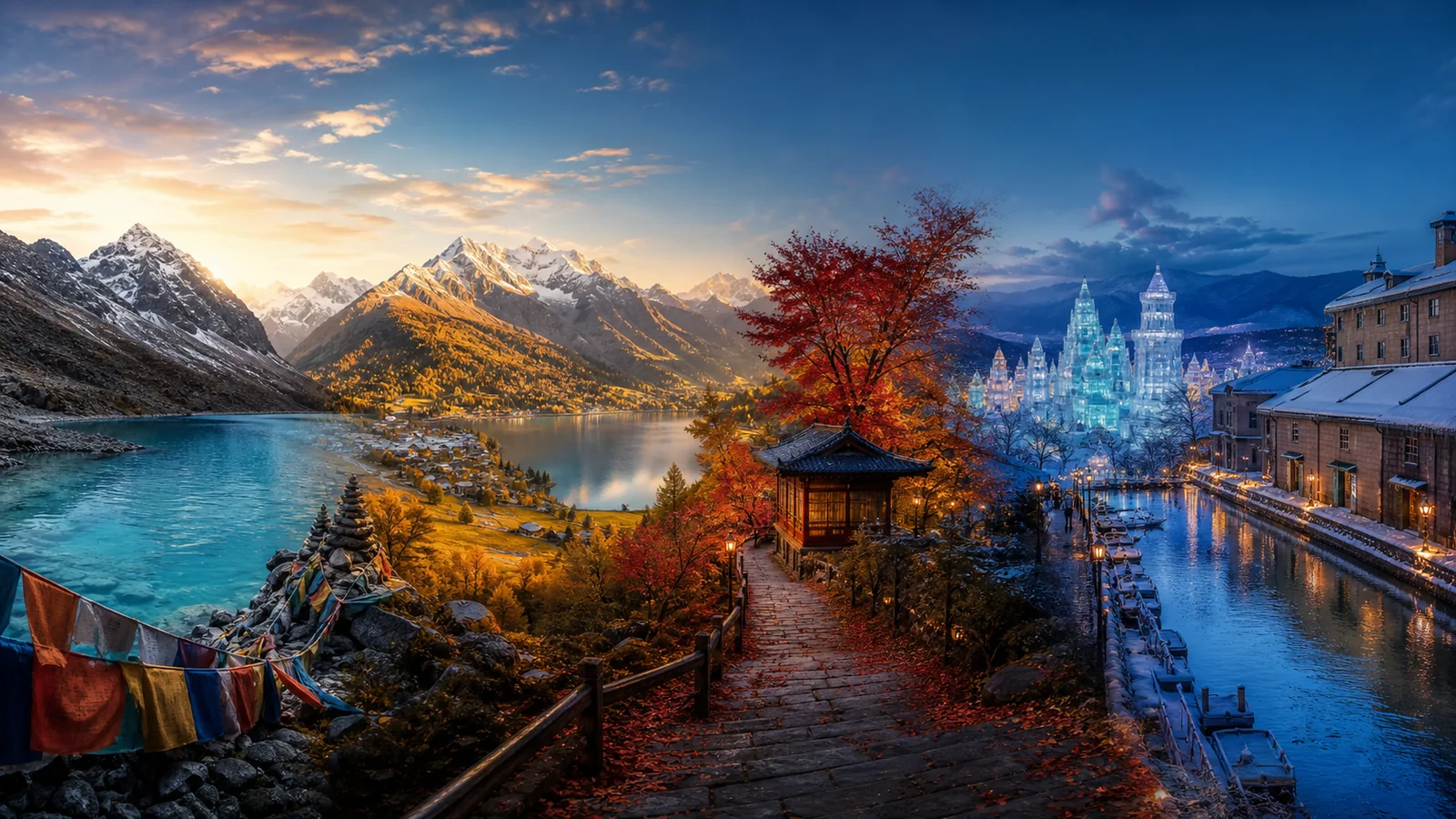 从秋季山湖延伸到冬季冰雪的旅行景观