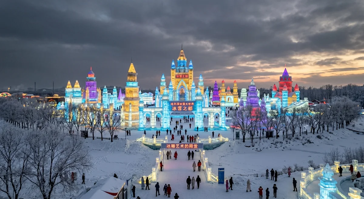 哈尔滨冰雪大世界的彩色冰建筑