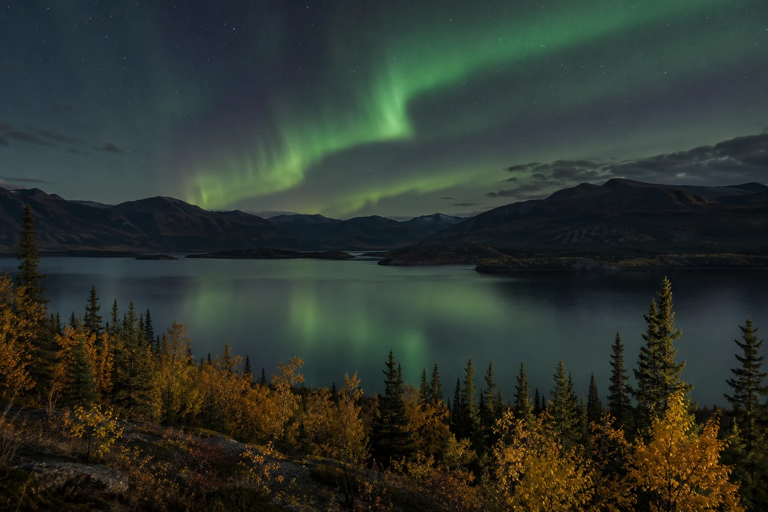 Autumn lake scenery and dark skies in Yukon, Canada — AI illustration