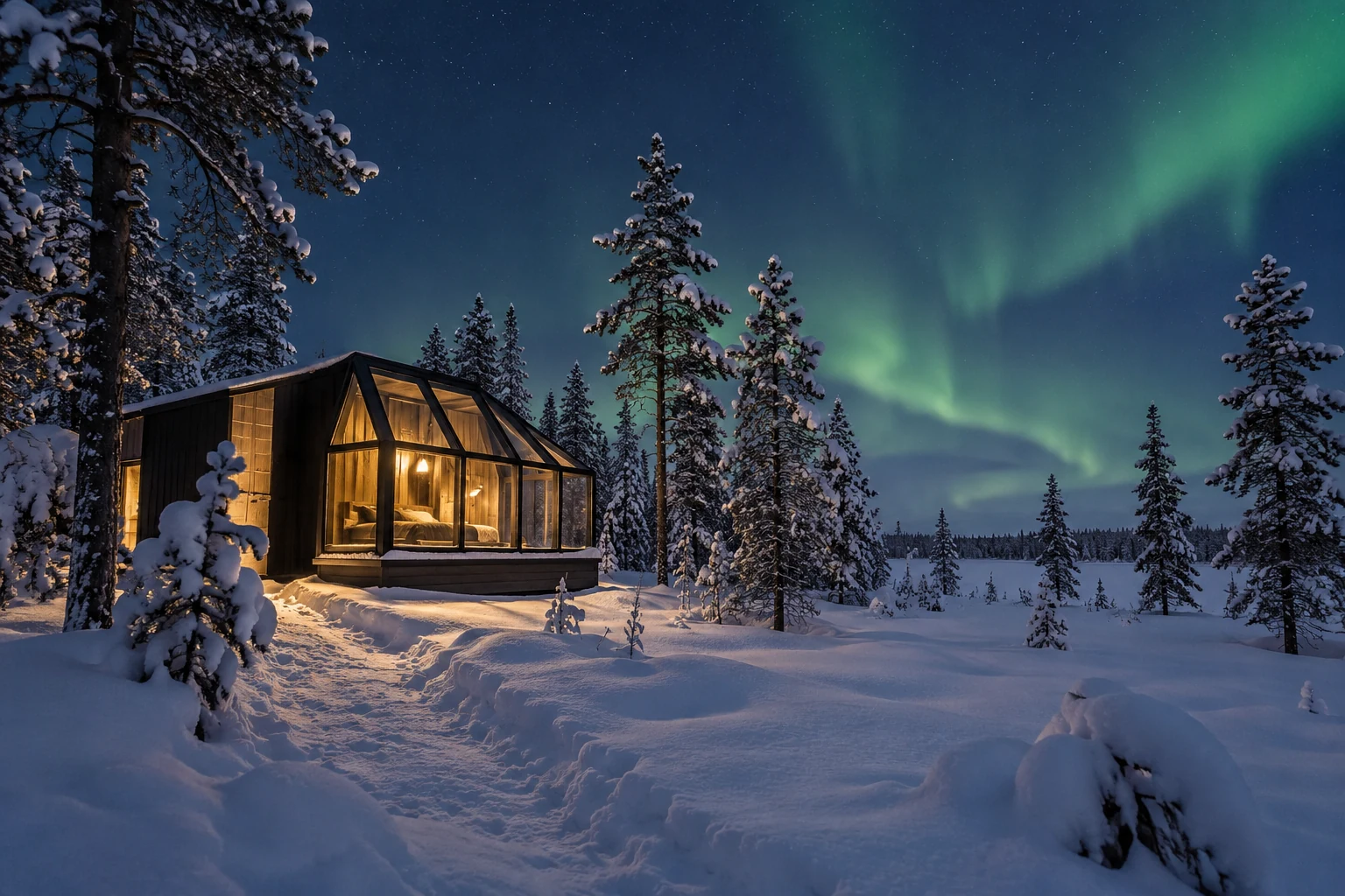 Glass-cabin and snowy-forest atmosphere in Finnish Lapland — AI illustration