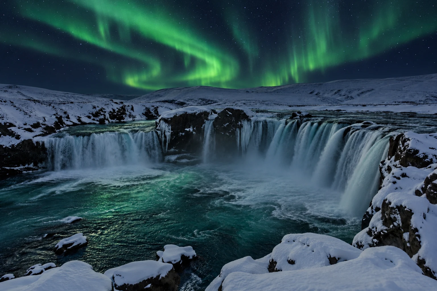 Icelandic winter waterfall under northern lights — AI illustration