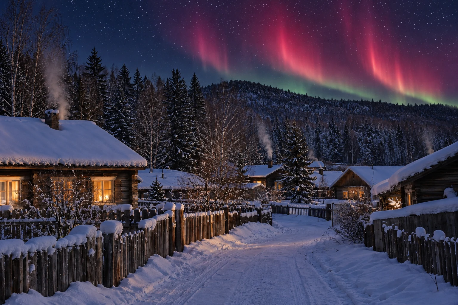 Mohe snowy village beneath red-purple aurora — AI illustration