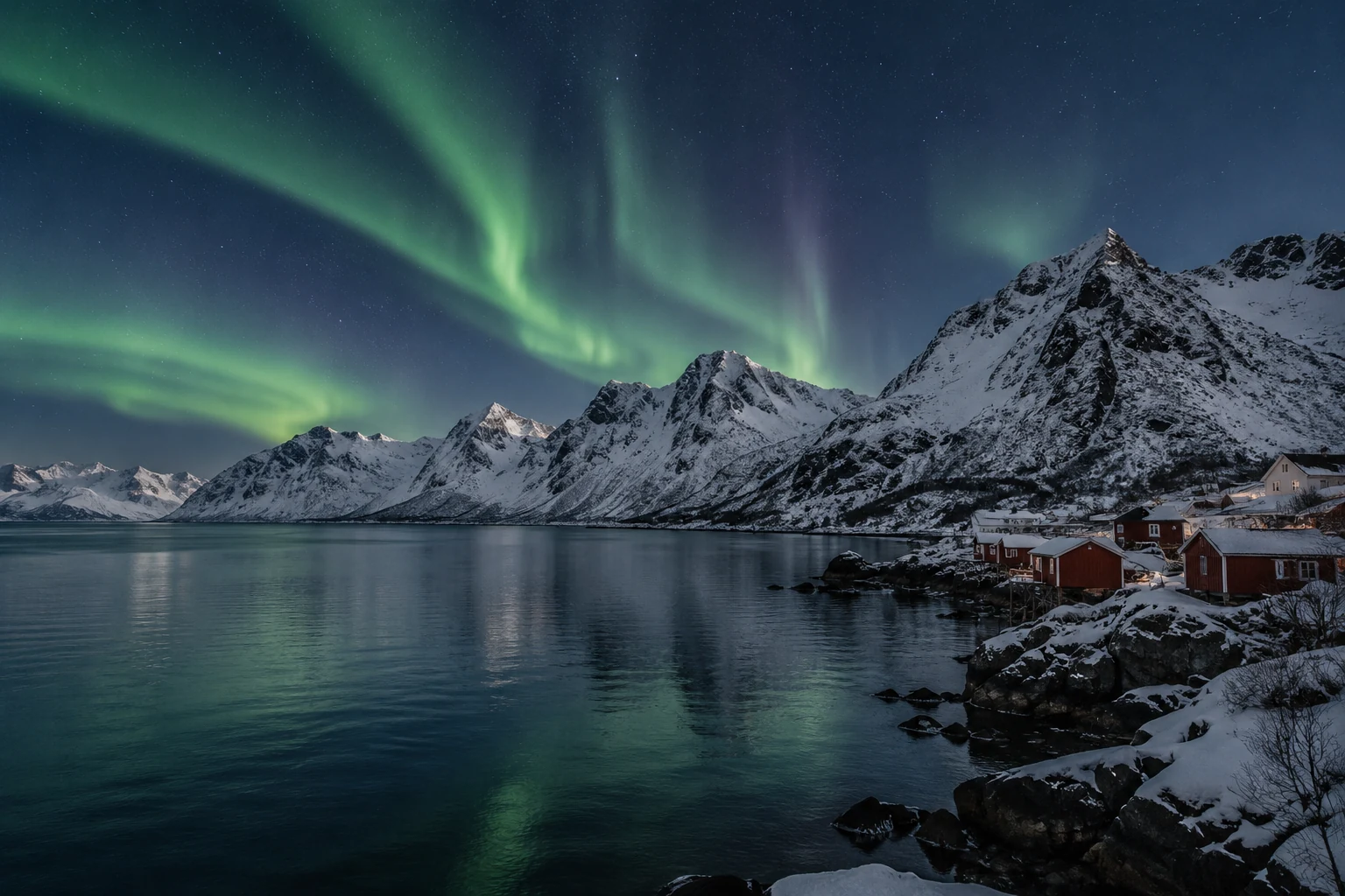 Fjord, snowy mountains and coastal night in northern Norway — AI illustration