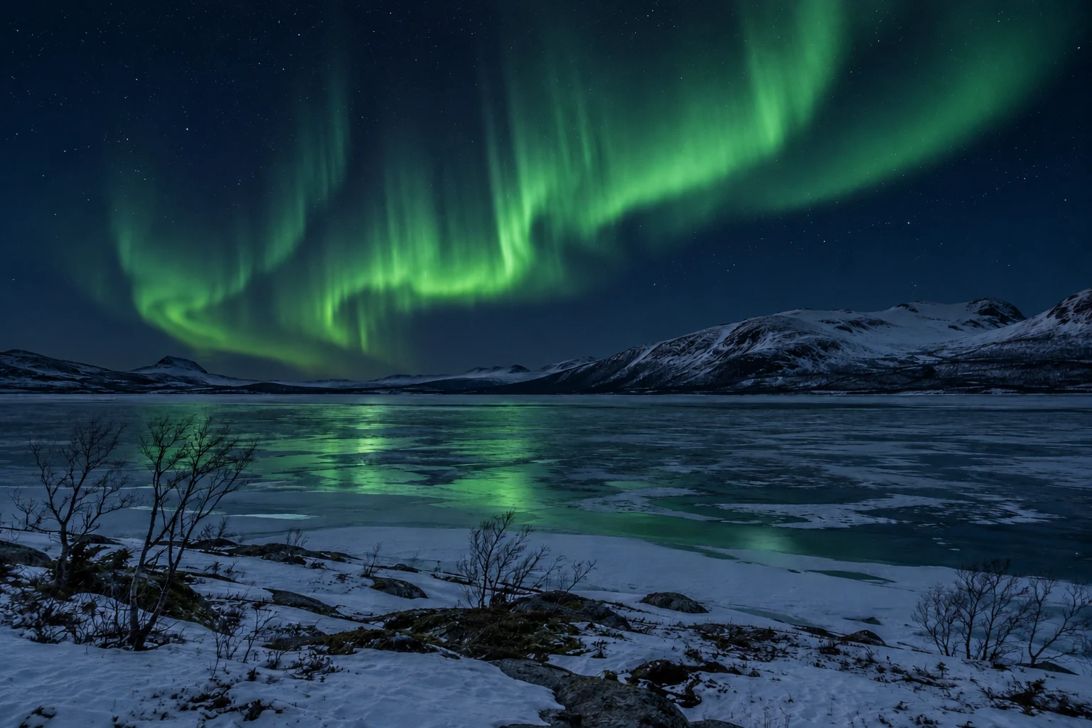 Mountain lake and northern lights in the Abisko region of northern Sweden — AI illustration
