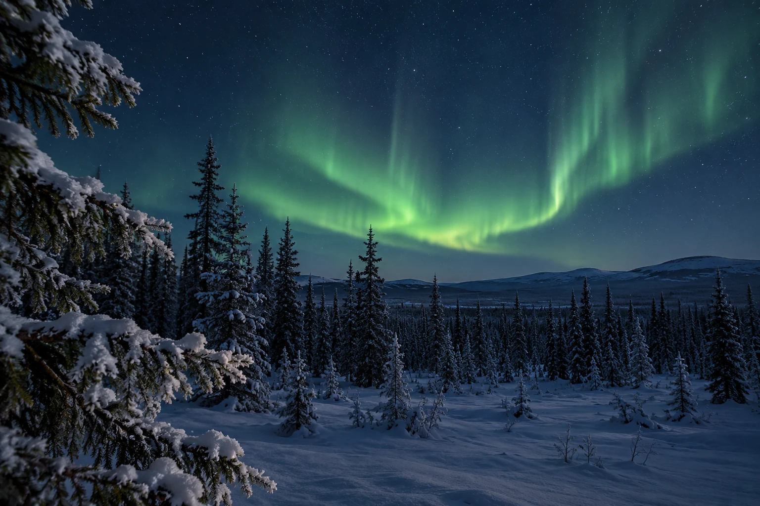 Snowy forest and aurora atmosphere in Interior Alaska — AI illustration