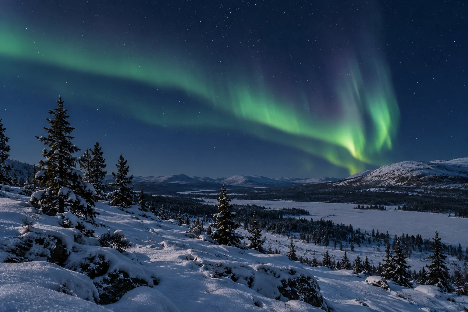 AI illustration of a green aurora ribbon over a snow-covered Kola Peninsula landscape under a dark blue sky