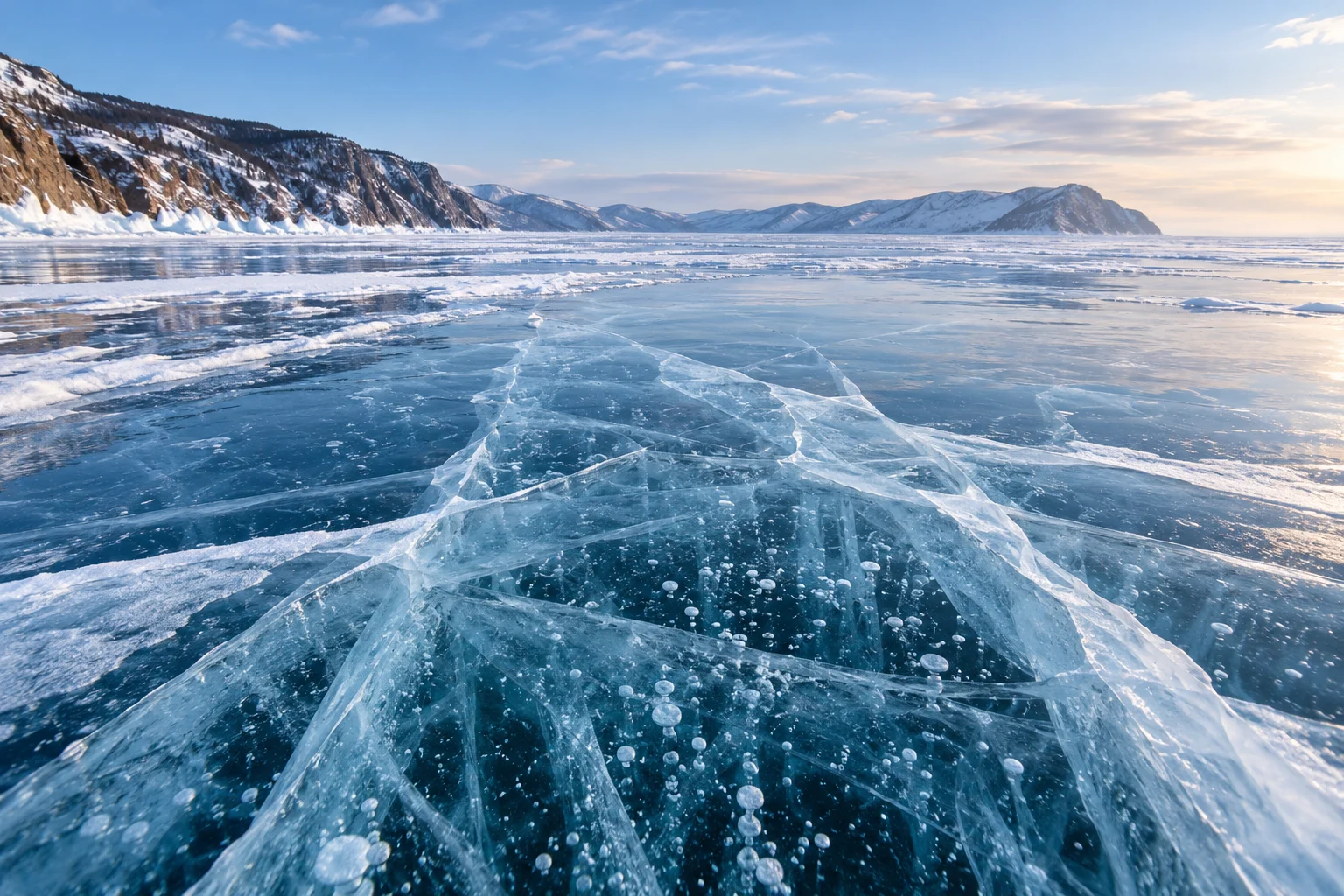 AI illustration of winter Lake Baikal with blue ice, white cracks, trapped bubbles and distant low snowy hills