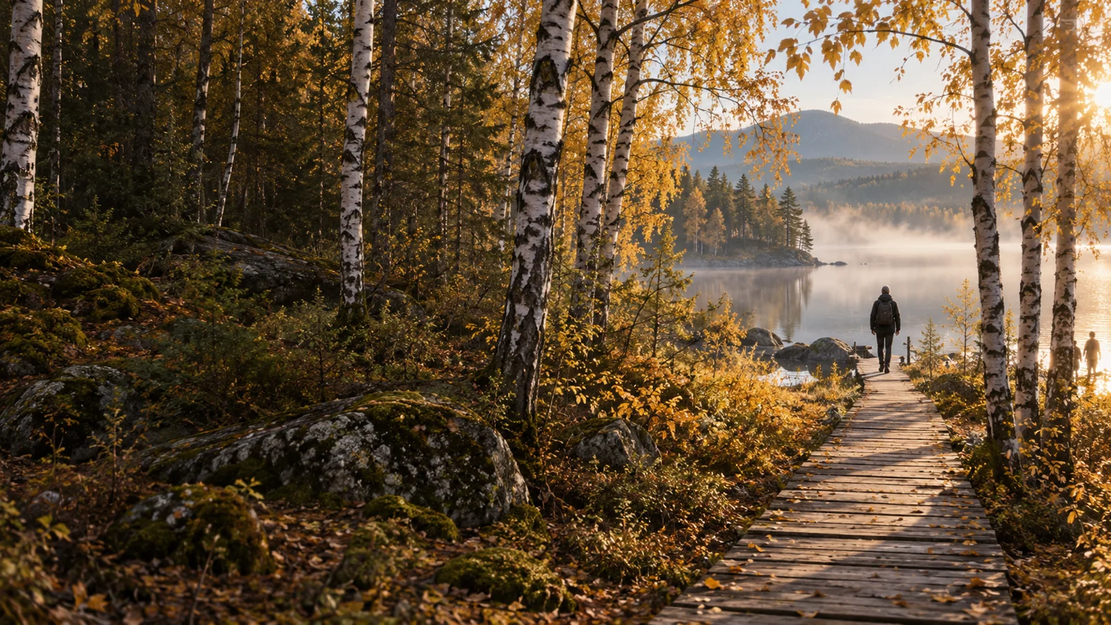A boardwalk through autumn birches toward a lake, AI landscape illustration
