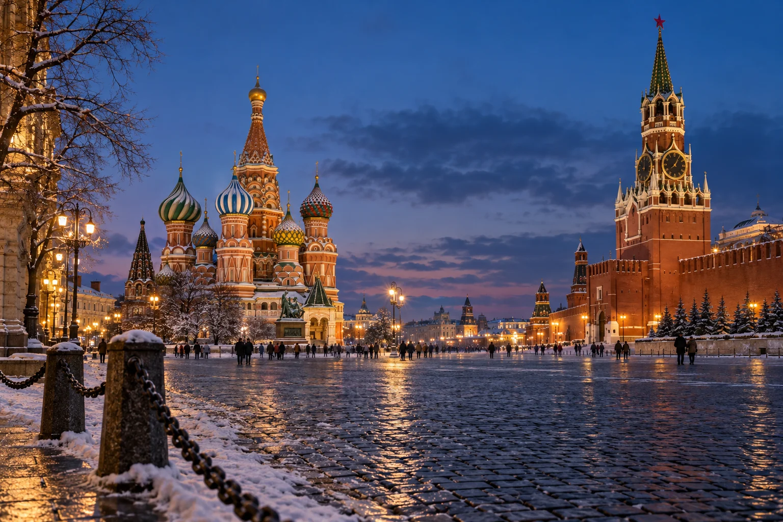AI illustration of Moscow Red Square at blue hour, with colourful St Basil’s Cathedral domes and stone paving