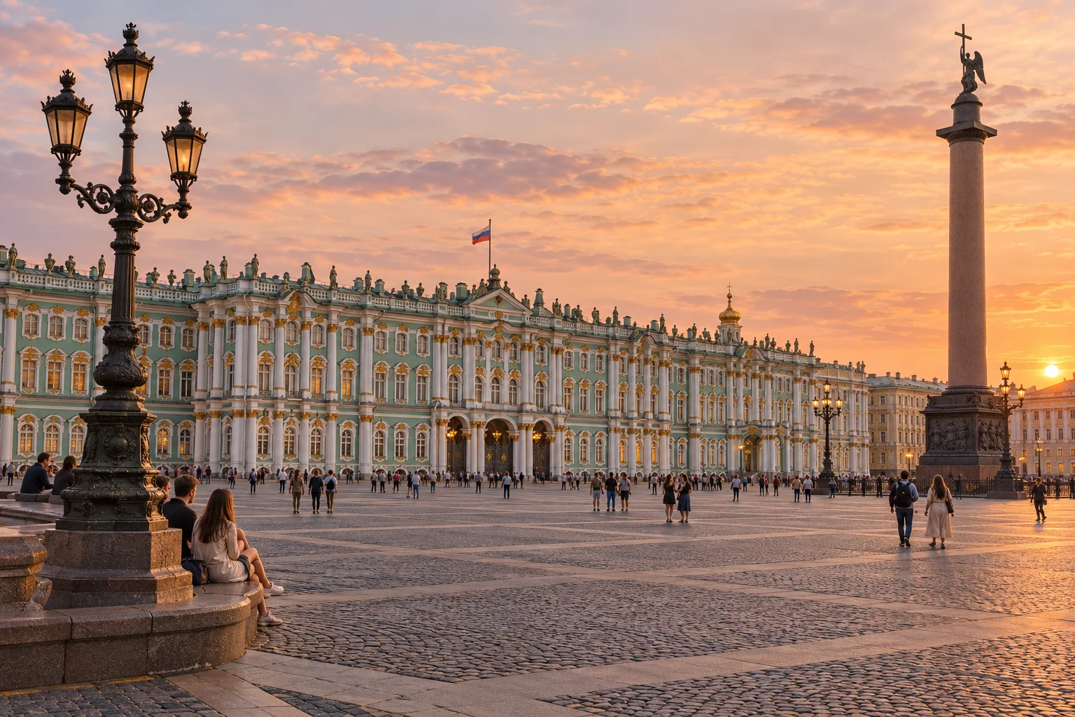 AI illustration of St Petersburg Palace Square at summer twilight, facing the mint-green and white Winter Palace