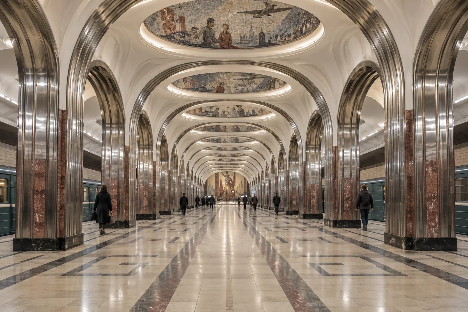 Moscow metro architecture with metal arches and recessed ceiling mosaics, AI scene illustration