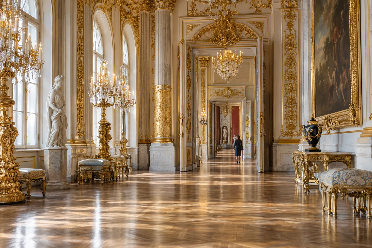 Gilded Russian palace gallery with tall windows, AI scene illustration