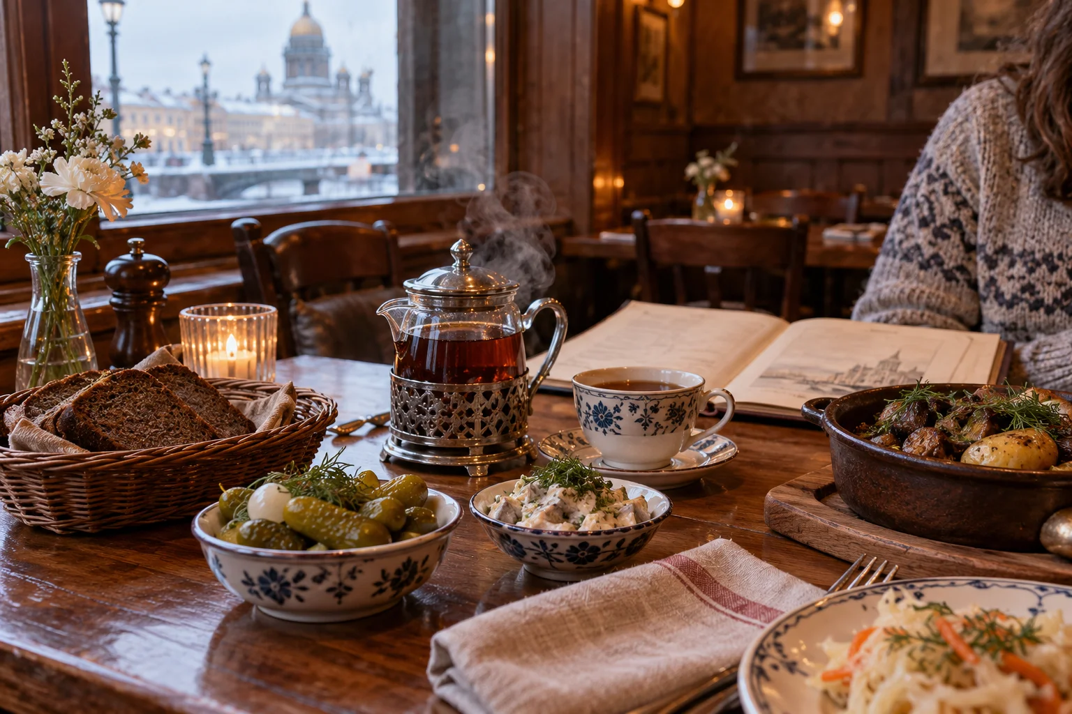 A warm Russian bistro table with tea, bread, mushrooms and potatoes, AI scene illustration
