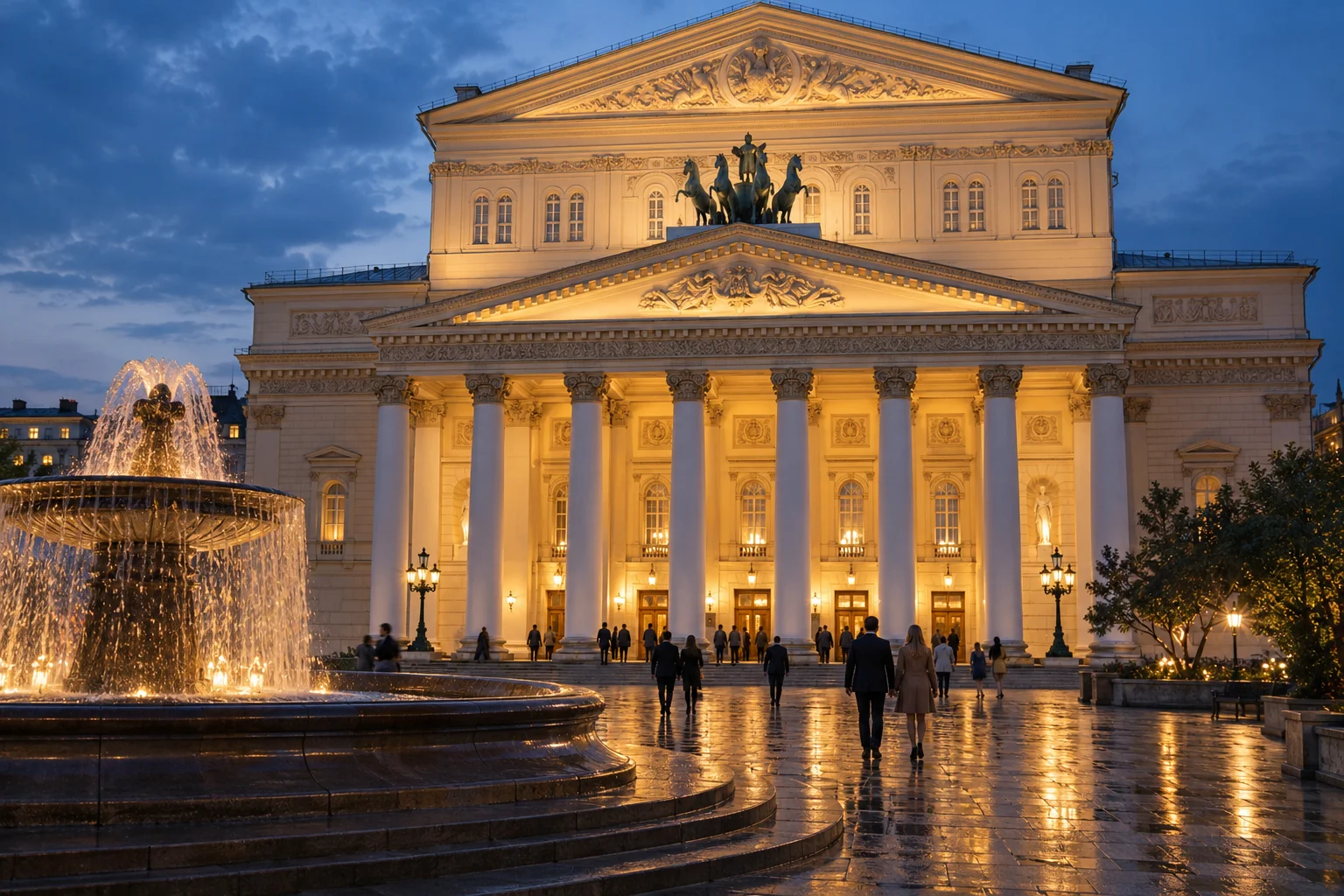 Illuminated Russian neoclassical theatre exterior at dusk, AI scene illustration
