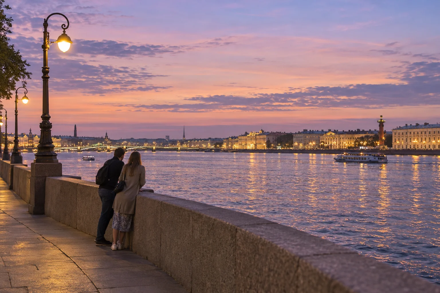 St Petersburg Neva embankment in lingering summer evening light, AI scene illustration