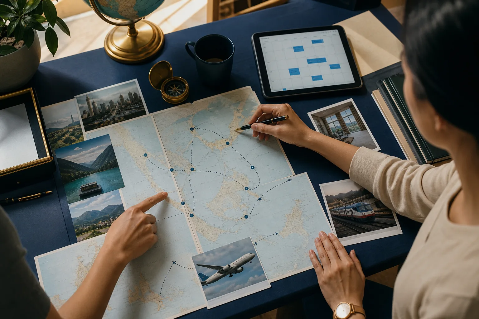 A travel advisor and traveller coordinating flights, rail, hotels and a multi-city route
