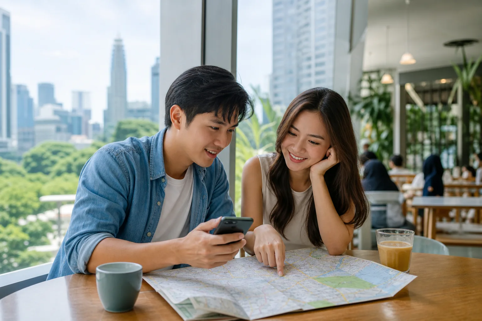 Young travellers independently planning a simple trip with a map and phone