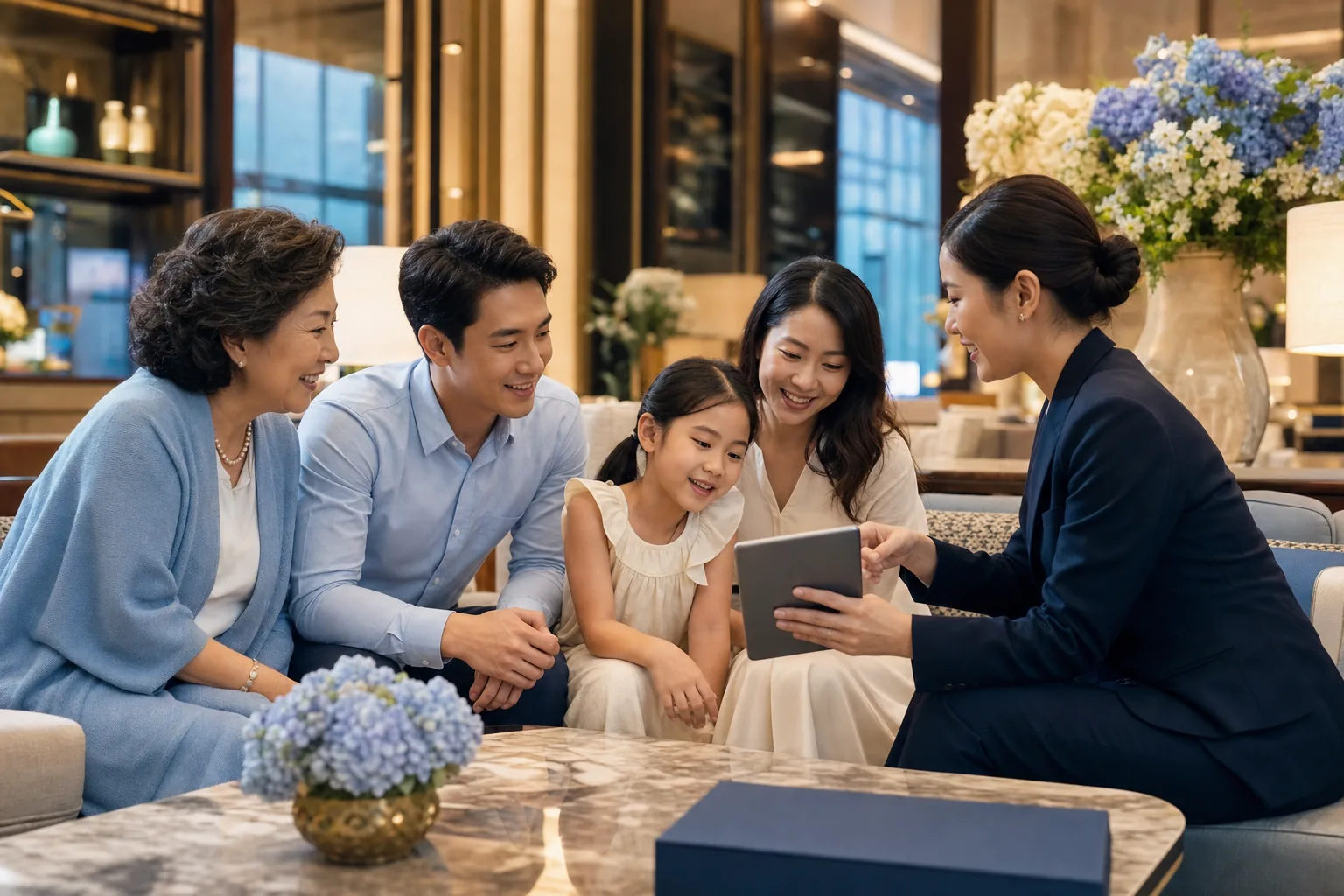 A travel advisor planning a family journey for a senior, parents and a child