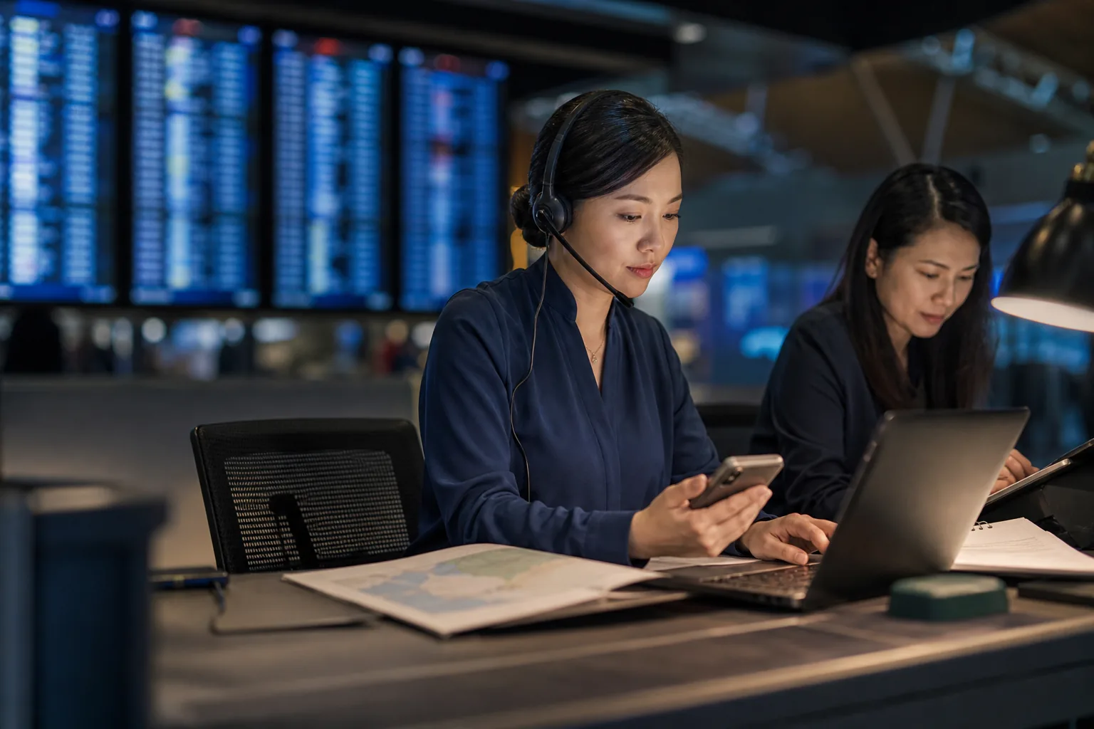 A travel advisor coordinating alternatives during a flight disruption