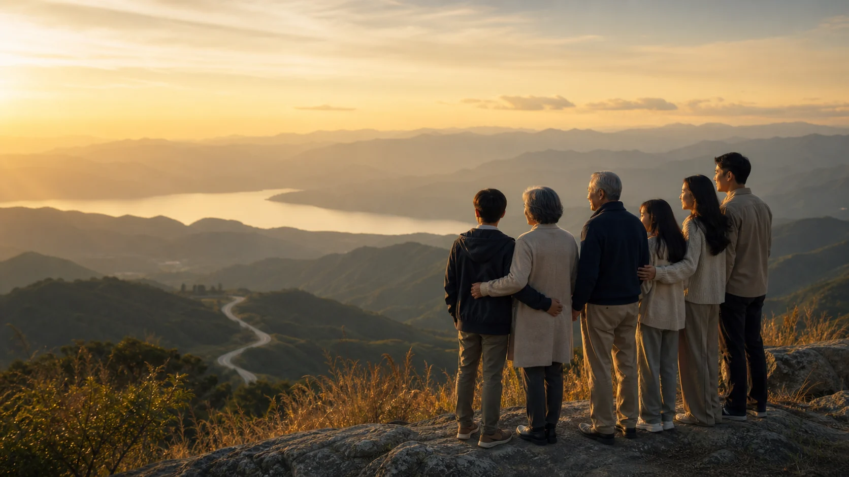 亚洲家庭与亲友在山湖观景台一起旅行