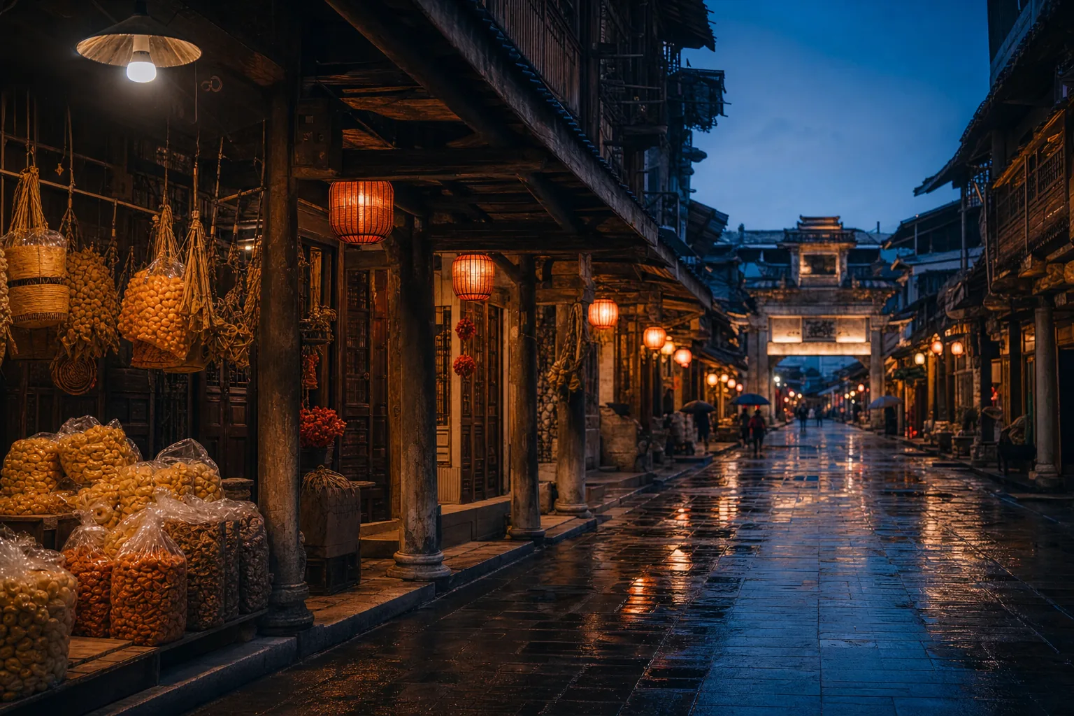 揭阳古城与棉湖古镇雨夜骑楼街景