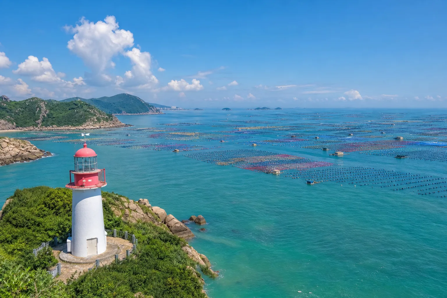 南澳岛灯塔、青色海湾与彩色蚝田
