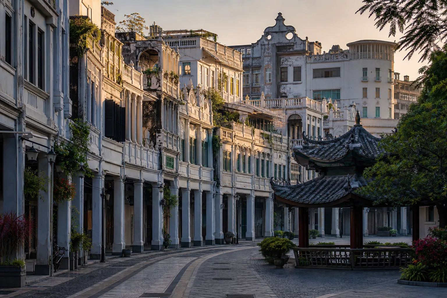 汕头小公园老城骑楼与亭阁晨光