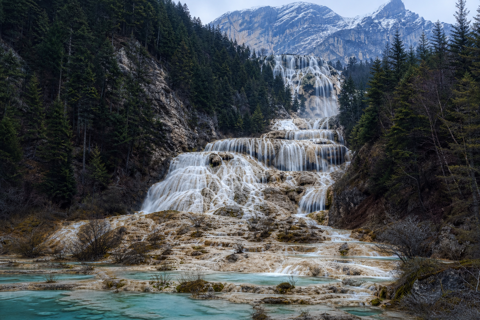 Zhaga Waterfall Descends Through Highland Travertine