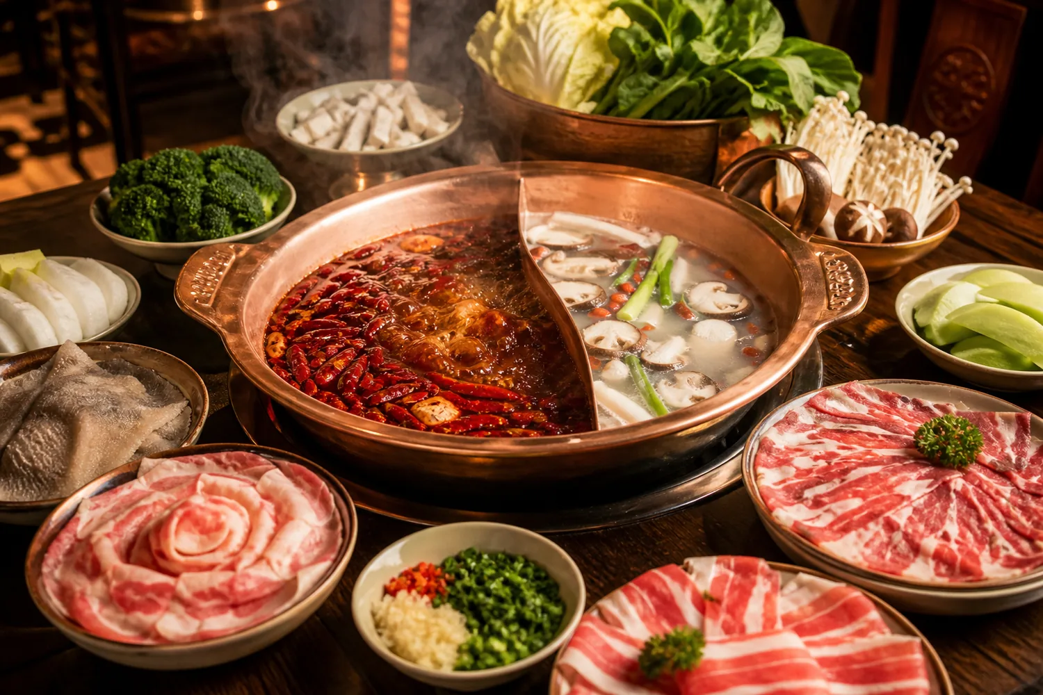 成都鸳鸯铜锅火锅与新鲜食材