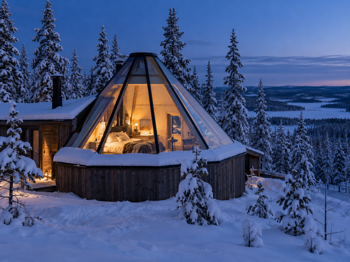雪林中的玻璃屋冬夜