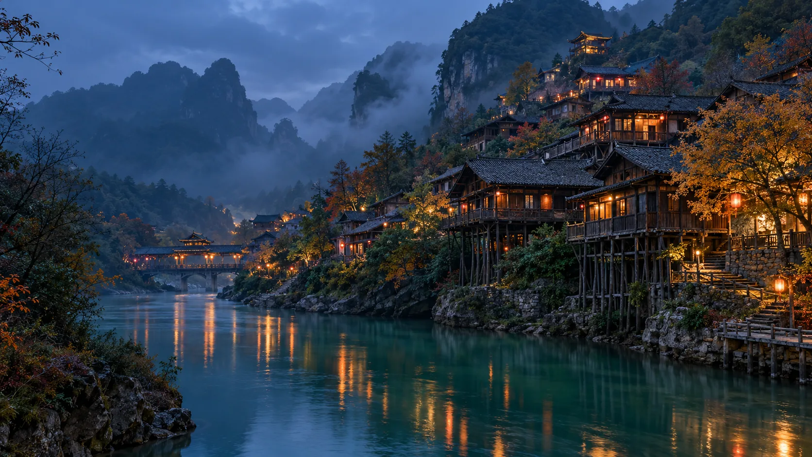 Illustration of Wujiangzhai waterside scenery at dusk