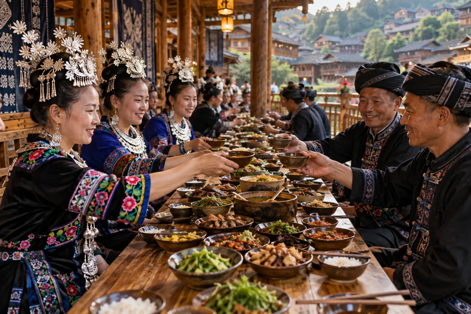 Miao long-table banquet · food illustration