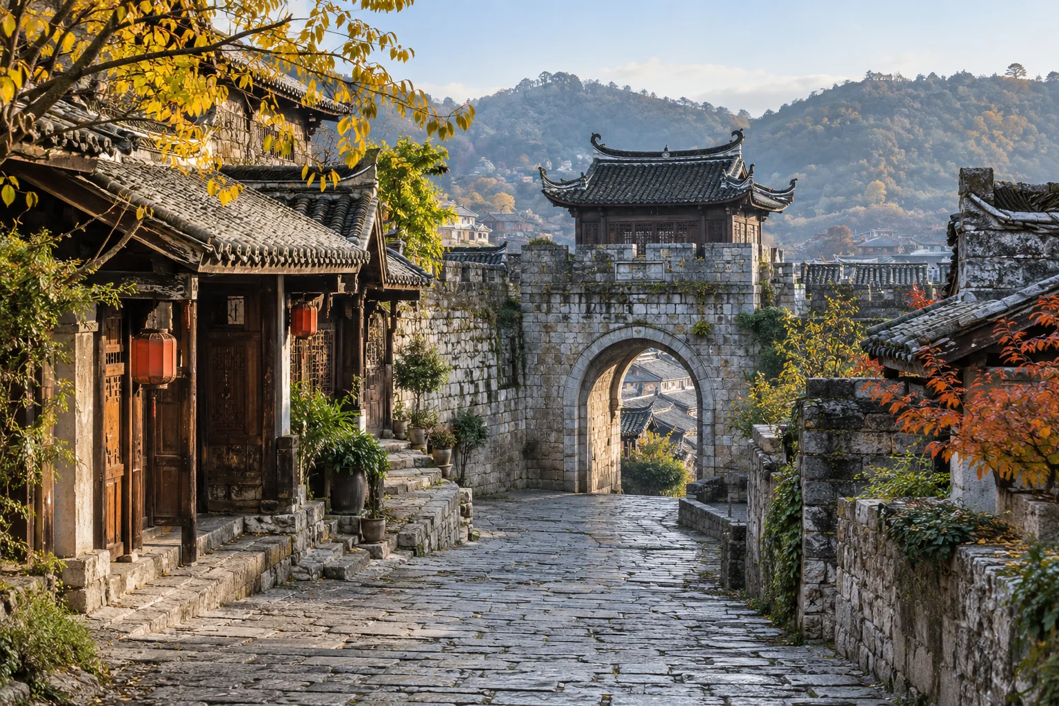 Stone lanes, then city lights · thematic illustration