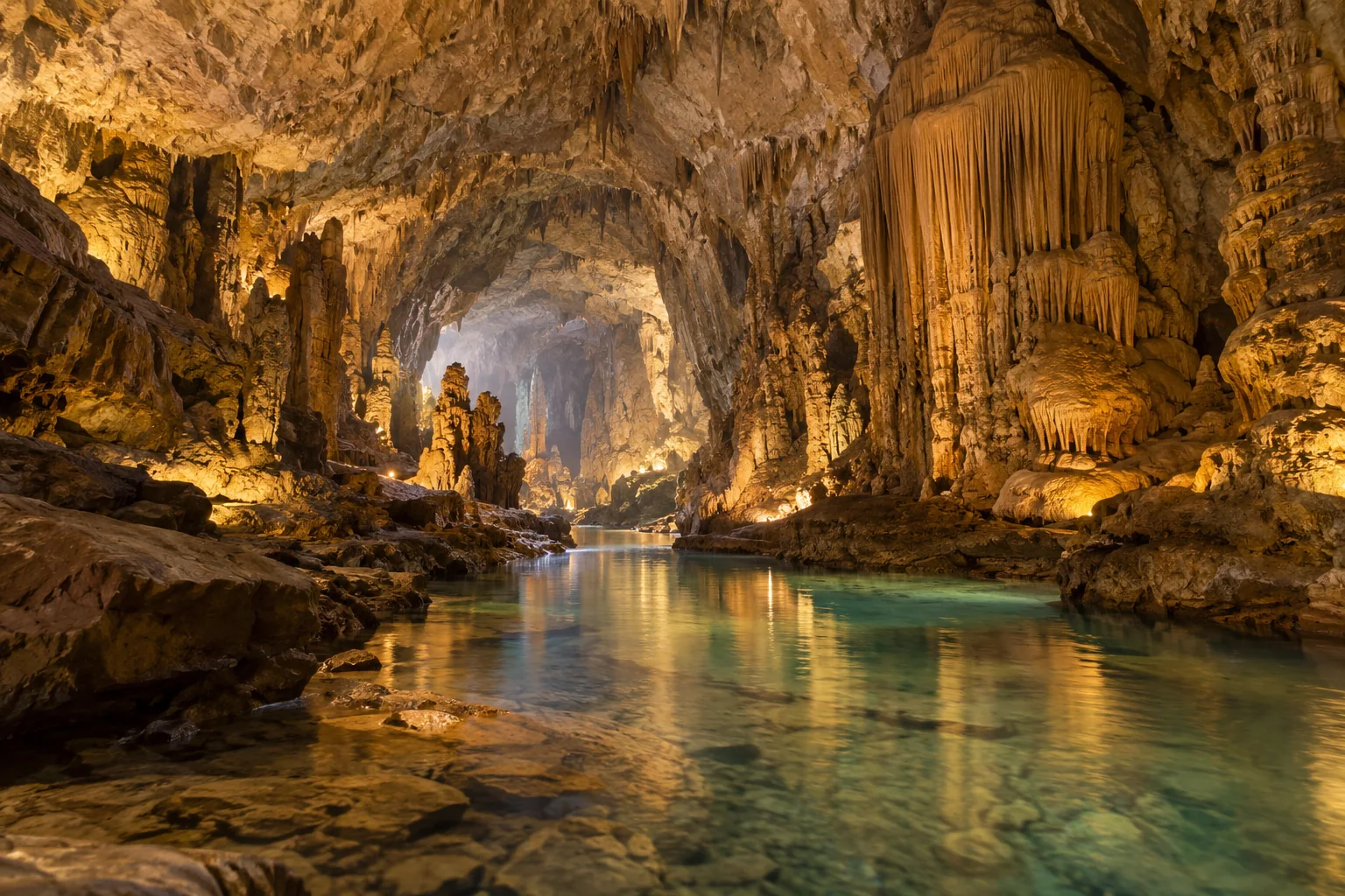 Karst caves by day, Wujiang lights by night · thematic illustration