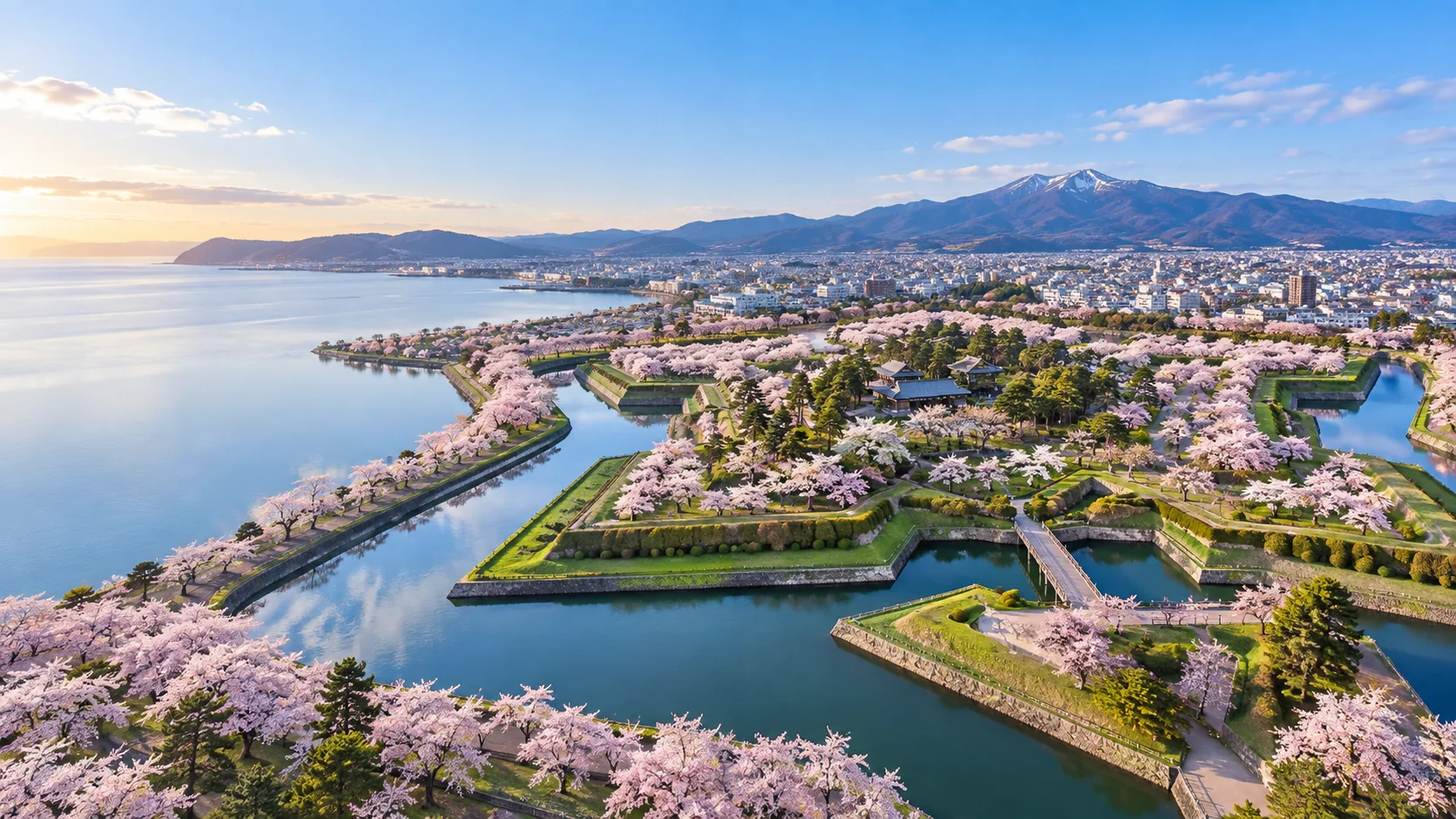Goryokaku star-shaped fort with spring cherry blossoms