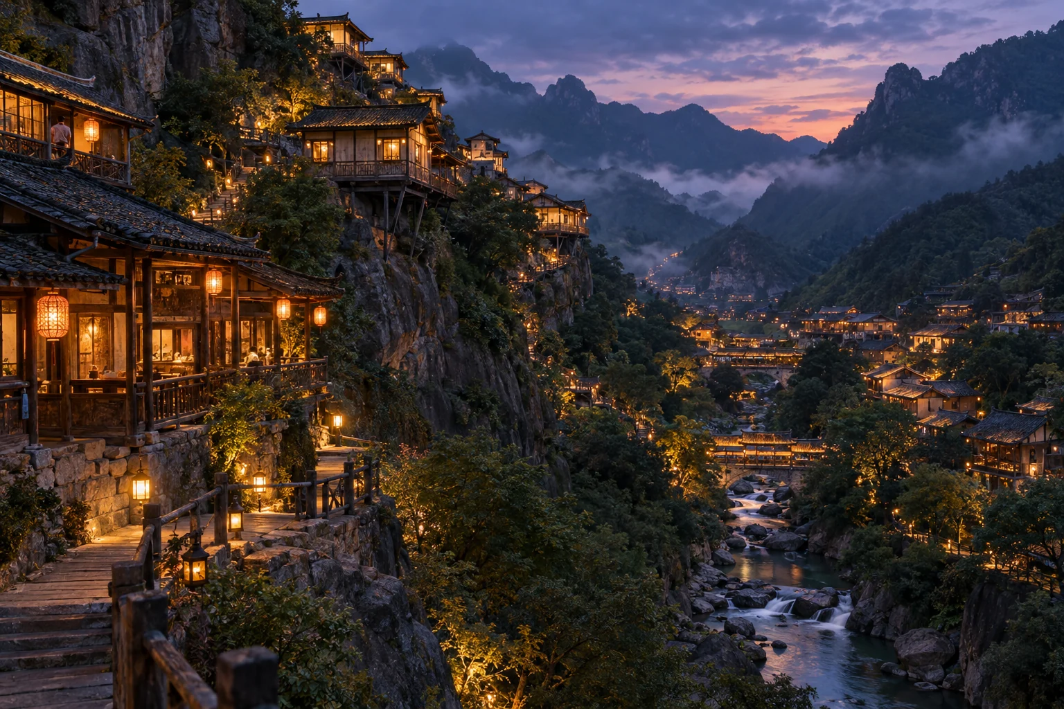 望仙谷悬崖建筑与山谷灯火示意