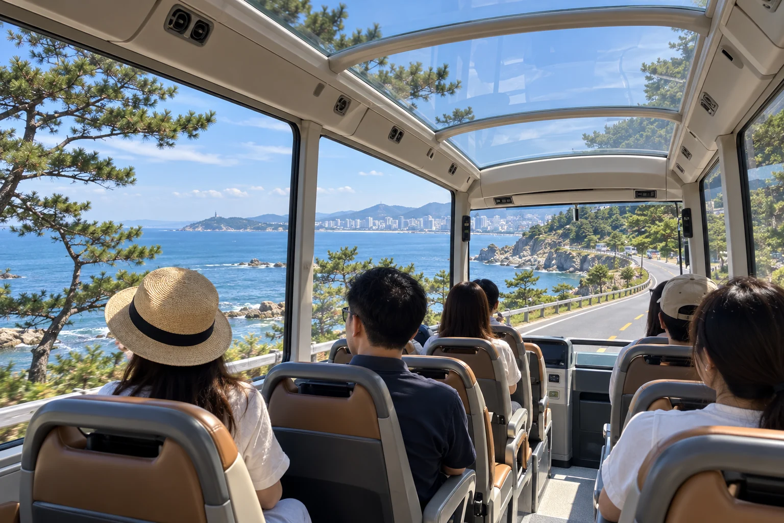 Weihai transparent sightseeing-bus coastal experience · AI travel illustration