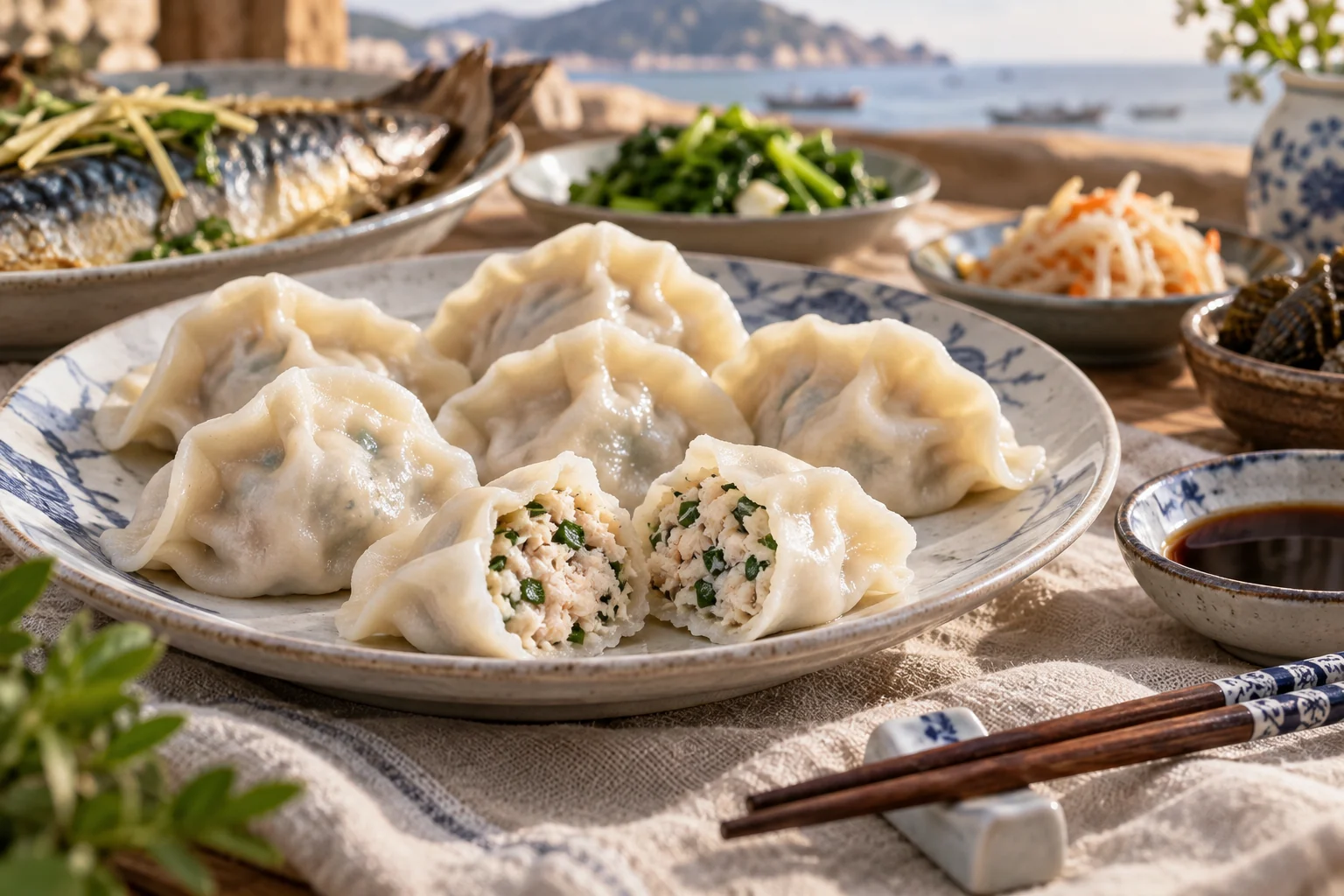 Eight Immortals feast & mackerel dumplings · AI travel illustration