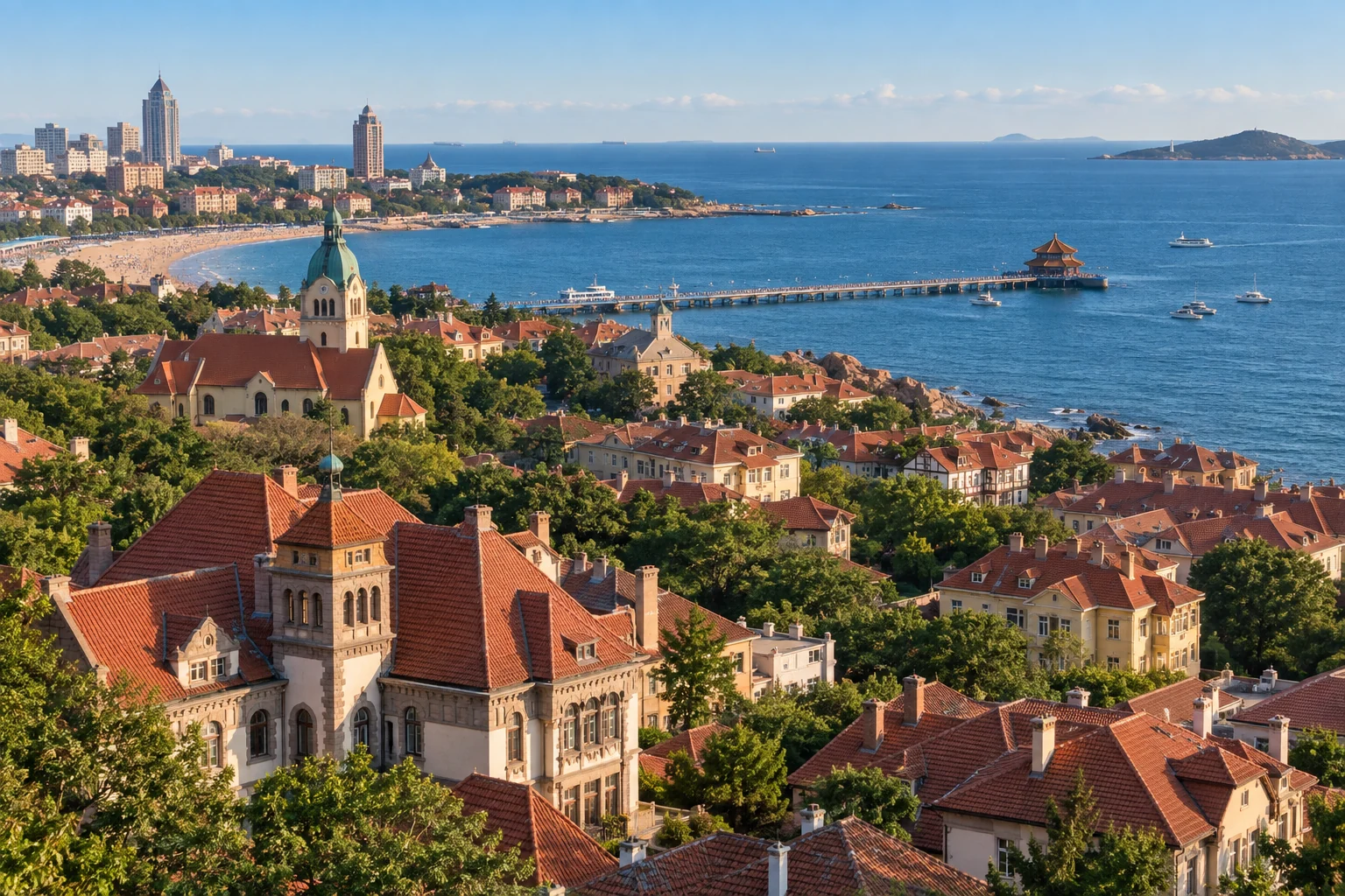 Qingdao’s red roofs and blue coastline · AI travel illustration