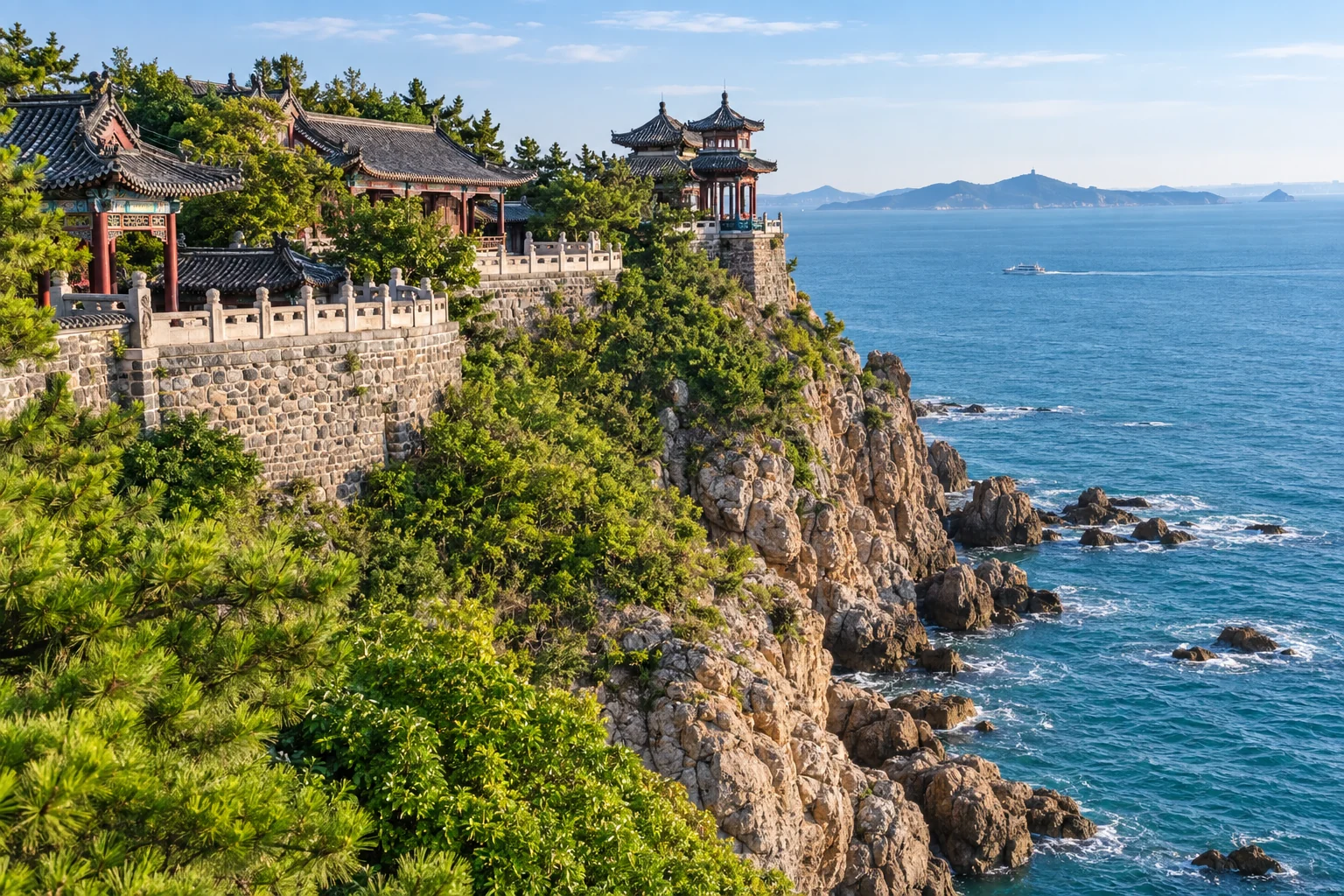 Penglai Pavilion · looking out to the sea · AI travel illustration