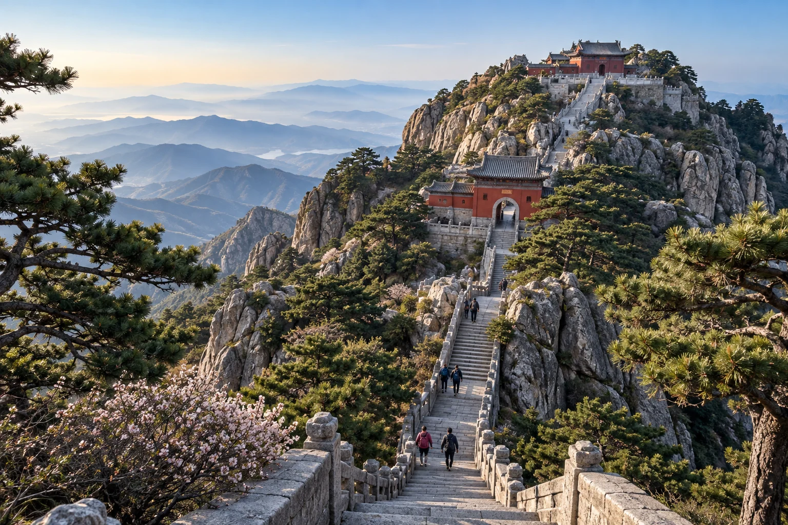 Mount Tai · stone steps and mountain layers · AI travel illustration