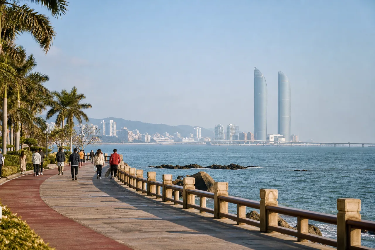 厦门环岛路海岸与世茂双子塔 Xiamen Huandao Road coast